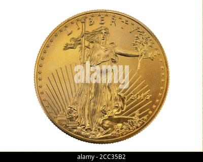 Gold 1 oz. $ 50. Liberty coin worth $ 2000. in today`s dollars, isolated Stock Photo